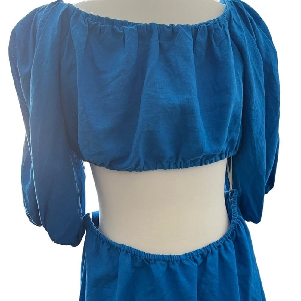 Farm Rio Cutout Knot Waist Linen Blend Puff Sleeve Blue Midi Dress Size M - Picture 6 of 14